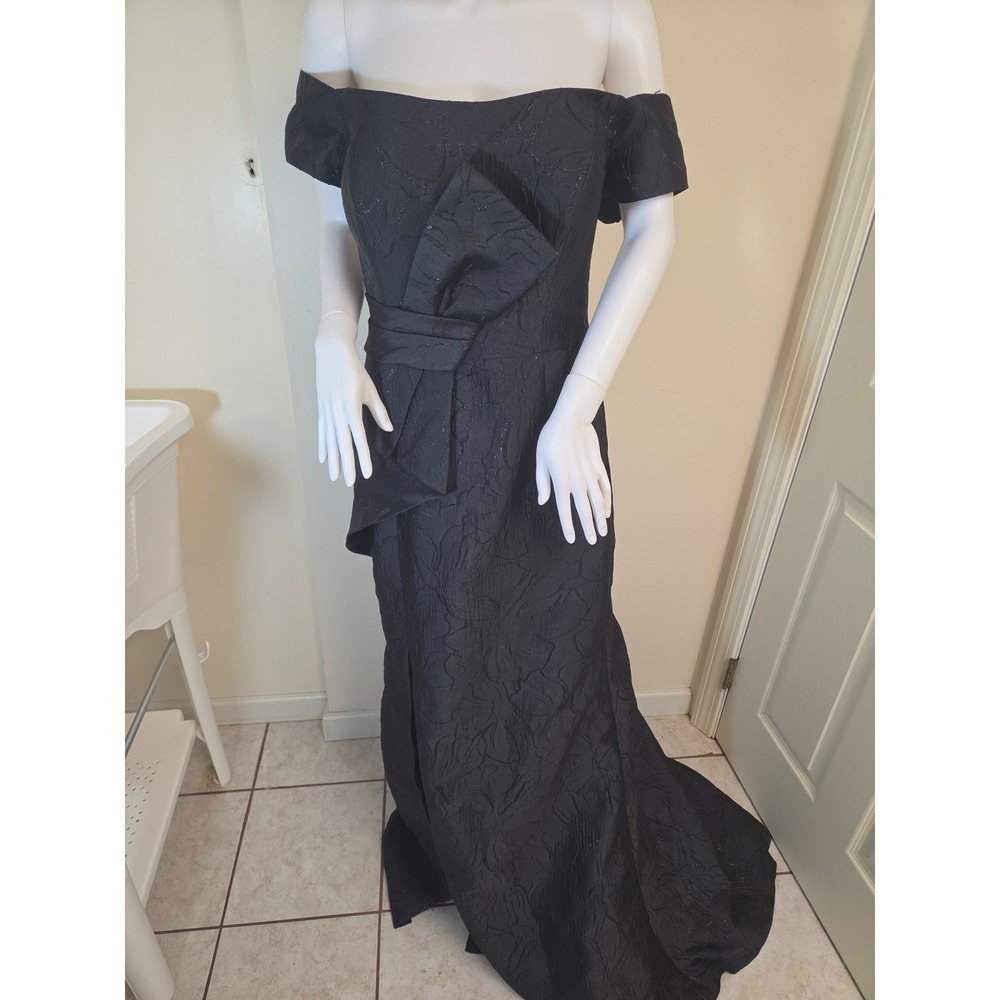 Gia Franco Black Jacquard Off Shoulder Evening Gown Bow Detail Size 14